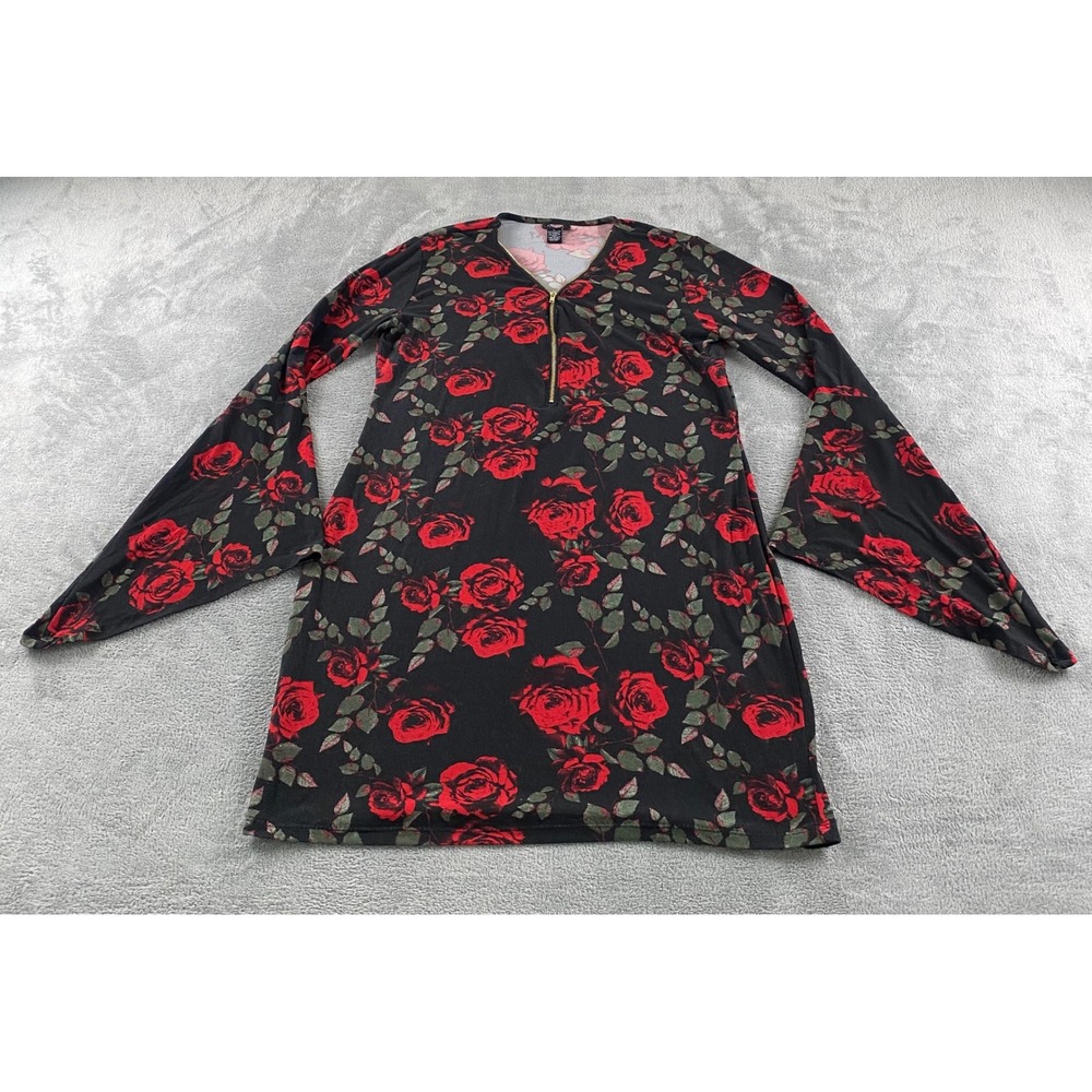 Rue21 Womens Large Black Red Rose Floral Bell Sleeve Zip Front Mini Dress